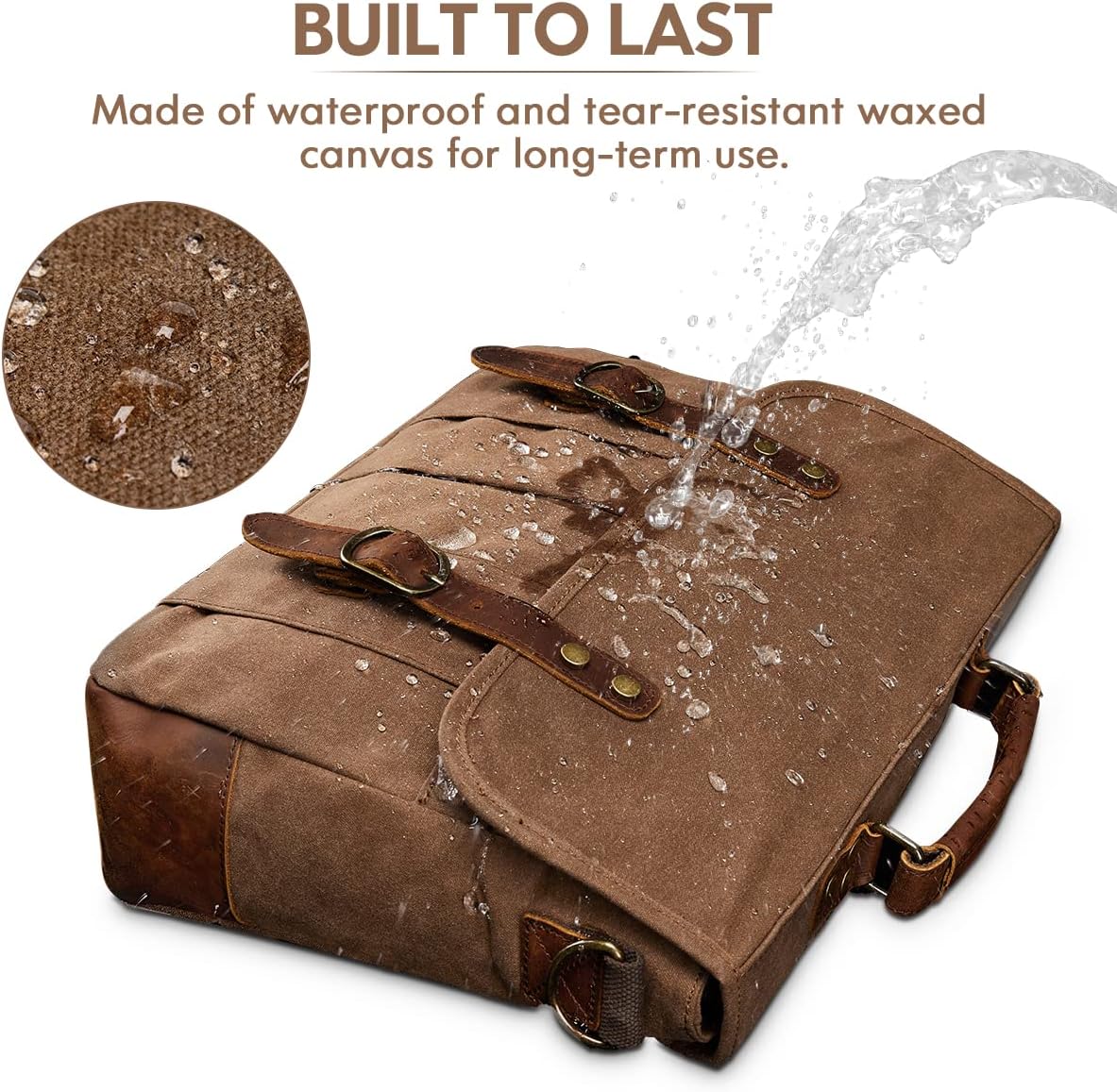 Mens Messenger Bag 15.6 Inch Waterproof Vintage Genuine Leather Waxed Canvas Briefcase Retro Office Computer Laptop Bag Large School Satchel Shoulder Bag for Men Women， Brown - Image 5